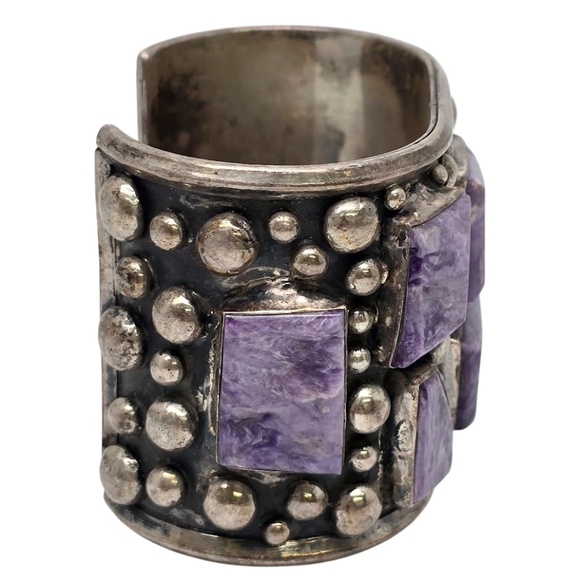 Bill Mex Dineh' Large Sterling Silver Charoite Wide Cuff Bracelet #20983 - Picture 4 of 10